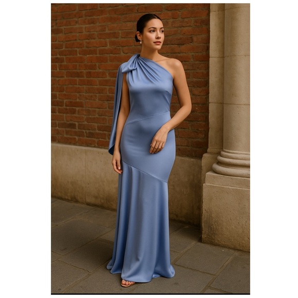 AIDAN MATTOX Satin Asymmetric One Shoulder Mermaid Maxi Gown Size 14 Blue NWT - Picture 4 of 12